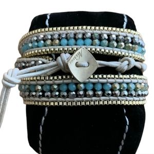 Nakamol Wrap Bracelet Gold with Turquoise Blue and Pewter Crystal Beads